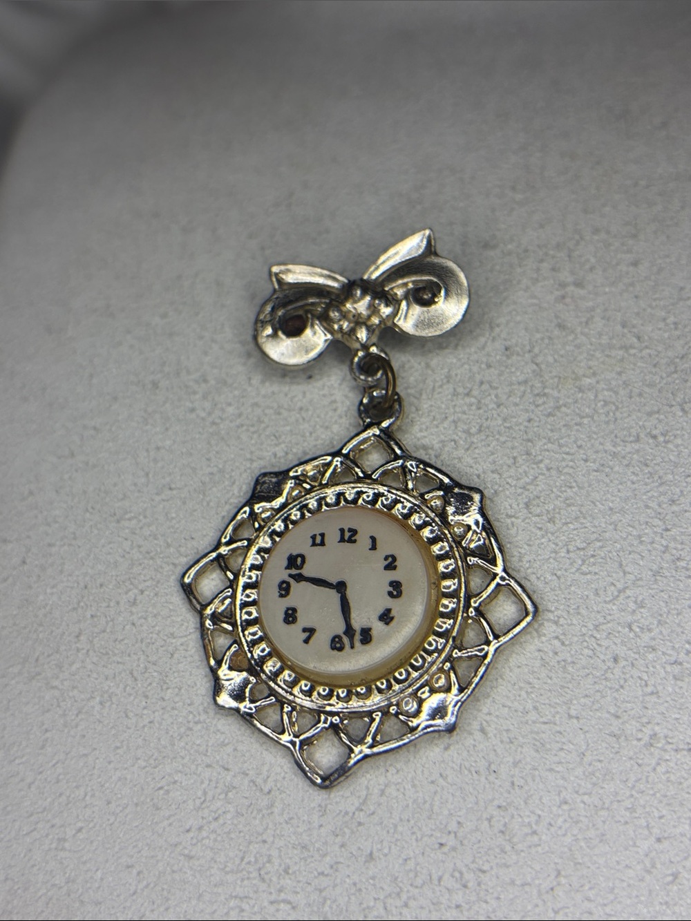 vintage dangling clock Filagree bow style brooch